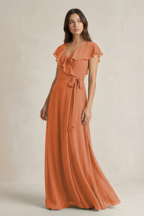 V - Neck A - Line Ruffled Chiffon Bridesmaid Dress With Bow in Terracotta - KissProm Bridesmaid Dresses