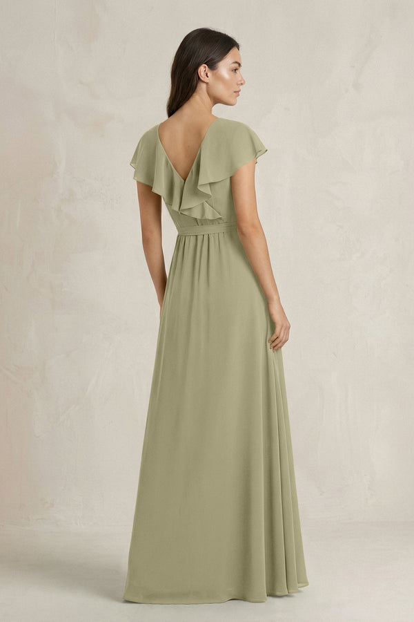 V - Neck A - Line Ruffled Chiffon Bridesmaid Dress With Bow in Thyme - KissProm Bridesmaid Dresses