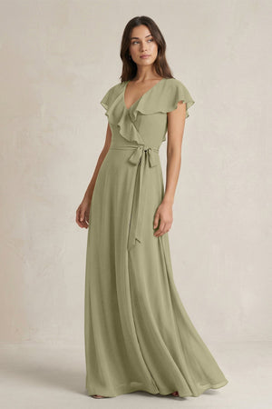 V - Neck A - Line Ruffled Chiffon Bridesmaid Dress With Bow in Thyme - KissProm Bridesmaid Dresses