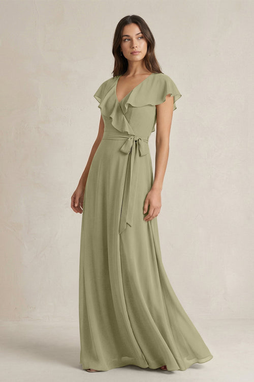 V - Neck A - Line Ruffled Chiffon Bridesmaid Dress With Bow in Thyme - KissProm Bridesmaid Dresses