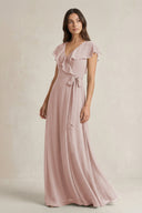 V - Neck A - Line Ruffled Chiffon Bridesmaid Dress With Bow in Toffee - KissProm Bridesmaid Dresses