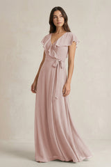 V - Neck A - Line Ruffled Chiffon Bridesmaid Dress With Bow in Toffee - KissProm Bridesmaid Dresses