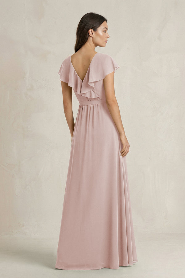V - Neck A - Line Ruffled Chiffon Bridesmaid Dress With Bow in Toffee - KissProm Bridesmaid Dresses