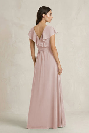 V - Neck A - Line Ruffled Chiffon Bridesmaid Dress With Bow in Toffee - KissProm Bridesmaid Dresses