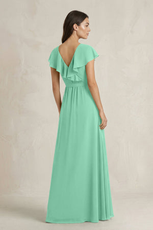 V - Neck A - Line Ruffled Chiffon Bridesmaid Dress With Bow in Turquoise - KissProm Bridesmaid Dresses