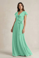 V - Neck A - Line Ruffled Chiffon Bridesmaid Dress With Bow in Turquoise - KissProm Bridesmaid Dresses