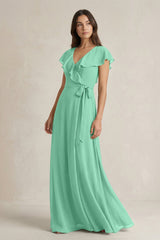V - Neck A - Line Ruffled Chiffon Bridesmaid Dress With Bow in Turquoise - KissProm Bridesmaid Dresses