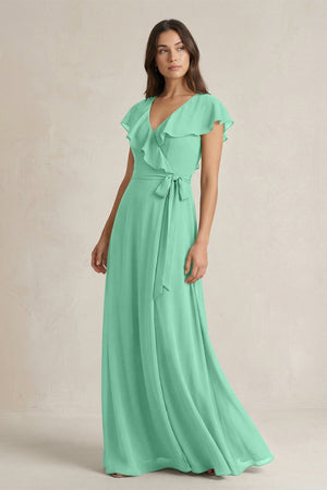 V - Neck A - Line Ruffled Chiffon Bridesmaid Dress With Bow in Turquoise - KissProm Bridesmaid Dresses