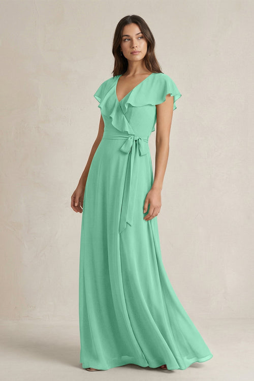 V - Neck A - Line Ruffled Chiffon Bridesmaid Dress With Bow in Turquoise - KissProm Bridesmaid Dresses