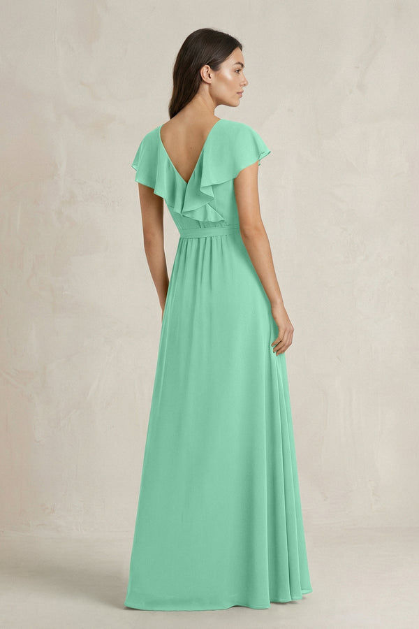 V - Neck A - Line Ruffled Chiffon Bridesmaid Dress With Bow in Turquoise - KissProm Bridesmaid Dresses