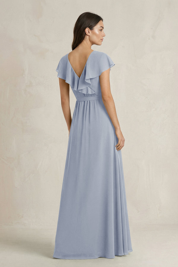 V - Neck A - Line Ruffled Chiffon Bridesmaid Dress With Bow in Twilight - KissProm Bridesmaid Dresses