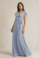 V - Neck A - Line Ruffled Chiffon Bridesmaid Dress With Bow in Twilight - KissProm Bridesmaid Dresses