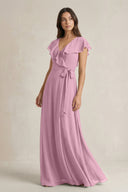 V - Neck A - Line Ruffled Chiffon Bridesmaid Dress With Bow in Vintage Mauve - KissProm Bridesmaid Dresses