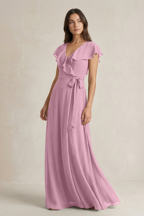V - Neck A - Line Ruffled Chiffon Bridesmaid Dress With Bow in Vintage Mauve - KissProm Bridesmaid Dresses