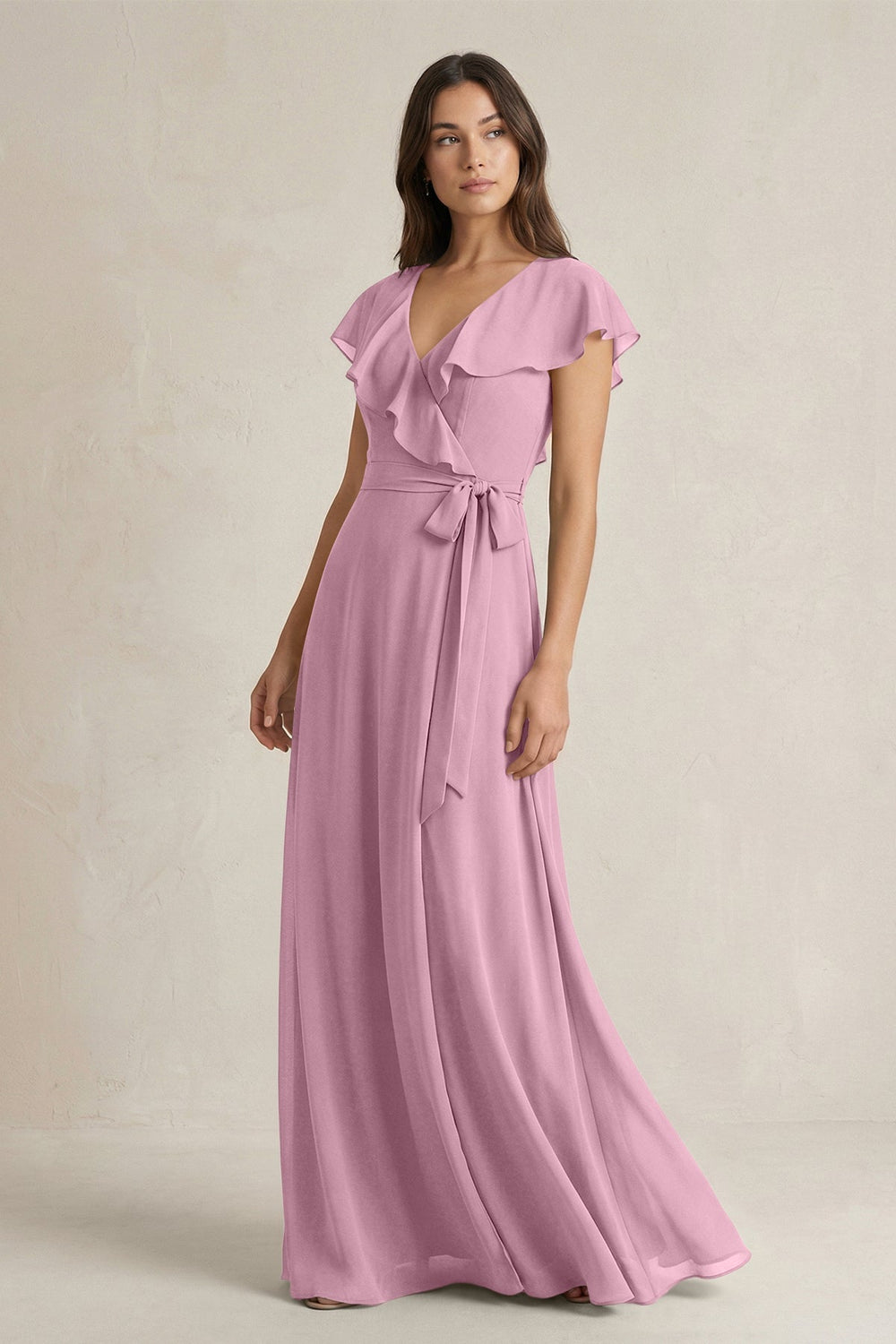 V - Neck A - Line Ruffled Chiffon Bridesmaid Dress With Bow in Vintage Mauve - KissProm Bridesmaid Dresses