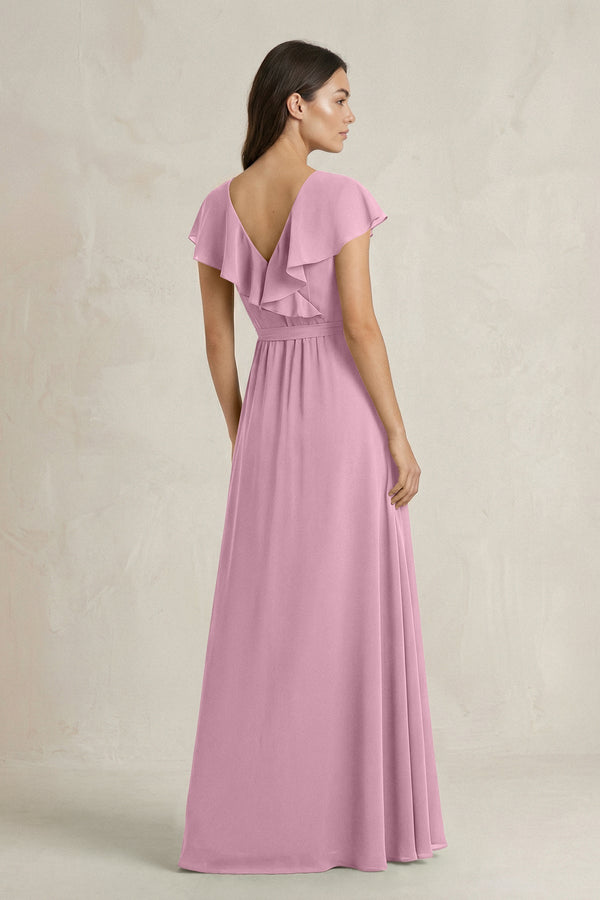 V - Neck A - Line Ruffled Chiffon Bridesmaid Dress With Bow in Vintage Mauve - KissProm Bridesmaid Dresses