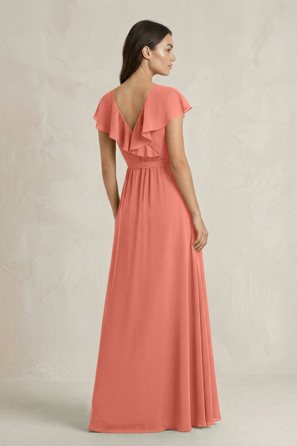 V - Neck A - Line Ruffled Chiffon Bridesmaid Dress With Bow in Wild Rose - KissProm Bridesmaid Dresses