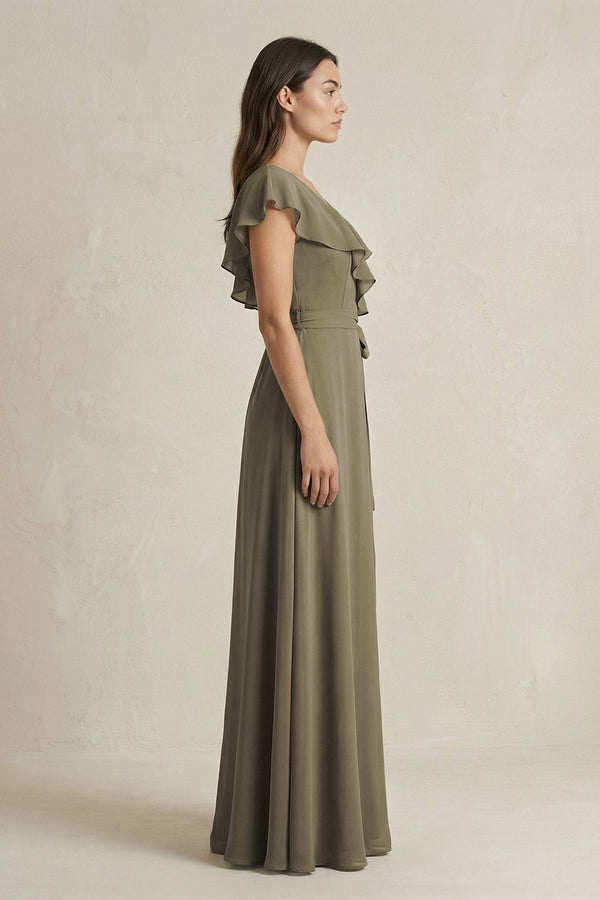 V - Neck A - Line Ruffled Chiffon Bridesmaid Dress With Bow in Willow Green - KissProm Bridesmaid Dresses