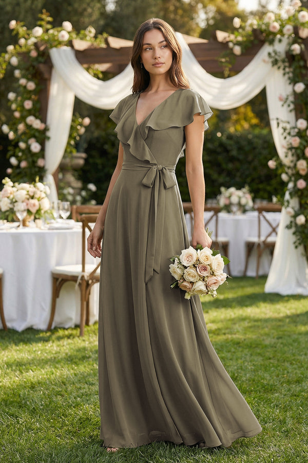 V - Neck A - Line Ruffled Chiffon Bridesmaid Dress With Bow in Willow Green - KissProm Bridesmaid Dresses