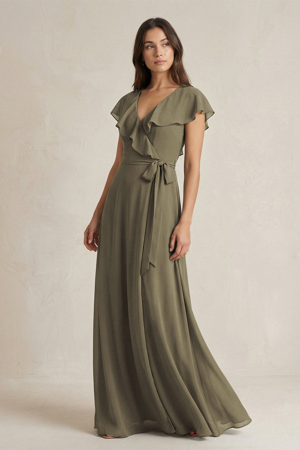 V - Neck A - Line Ruffled Chiffon Bridesmaid Dress With Bow in Willow Green - KissProm Bridesmaid Dresses