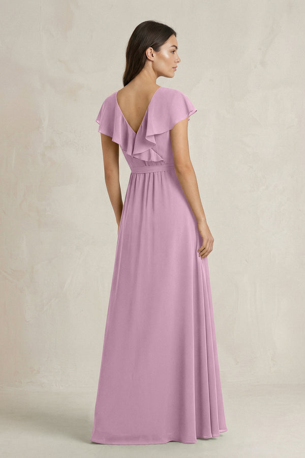 V - Neck A - Line Ruffled Chiffon Bridesmaid Dress With Bow in Wisteria - KissProm Bridesmaid Dresses