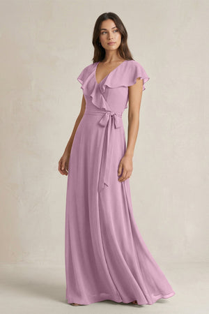 V - Neck A - Line Ruffled Chiffon Bridesmaid Dress With Bow in Wisteria - KissProm Bridesmaid Dresses