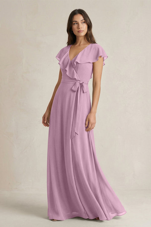 V - Neck A - Line Ruffled Chiffon Bridesmaid Dress With Bow in Wisteria - KissProm Bridesmaid Dresses