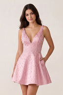 Pink V-Neck A-Line Satin Homecoming Dress With Pearl | KISSPROM