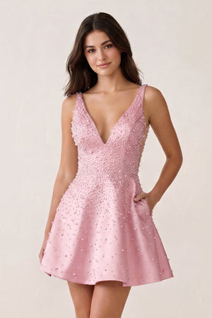 Pink V-Neck A-Line Satin Homecoming Dress With Pearl | KISSPROM