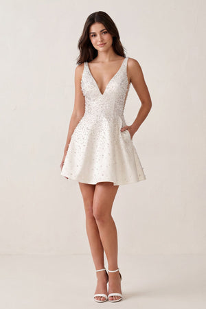 White V-Neck A-Line Satin Homecoming Dress With Pearl - KissProm