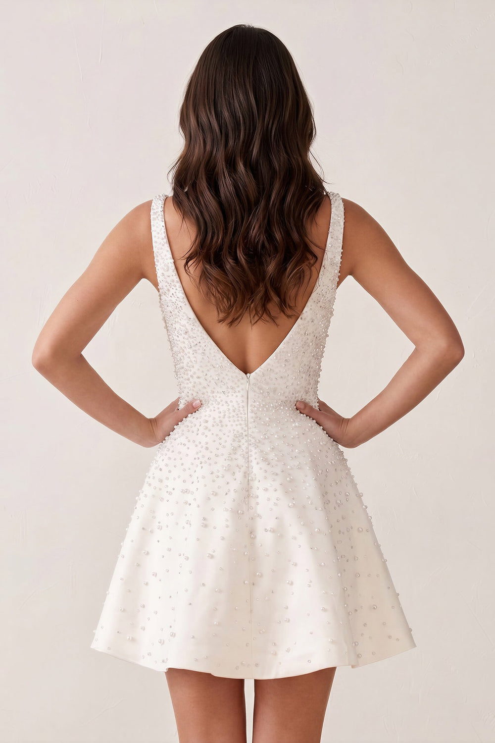 White V-Neck A-Line Satin Homecoming Dress With Pearl - KissProm