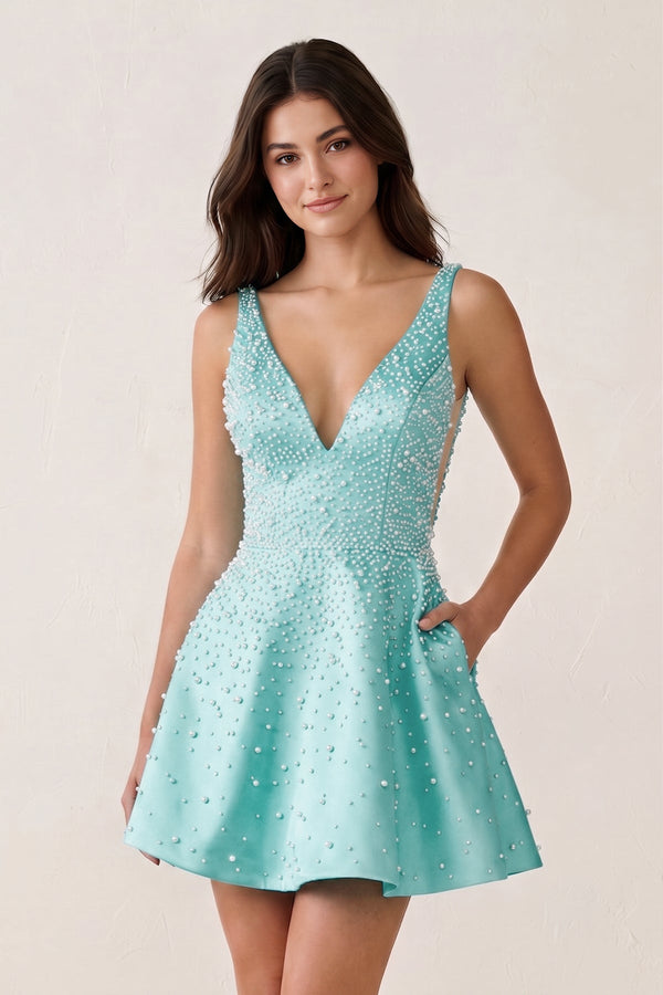 Aqua V-Neck A-Line Satin Homecoming Dress With Pearl | KISSPROM