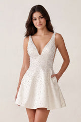 White V-Neck A-Line Satin Homecoming Dress With Pearl - KissProm