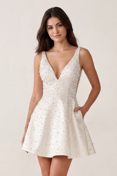 White V-Neck A-Line Satin Homecoming Dress With Pearl - KissProm