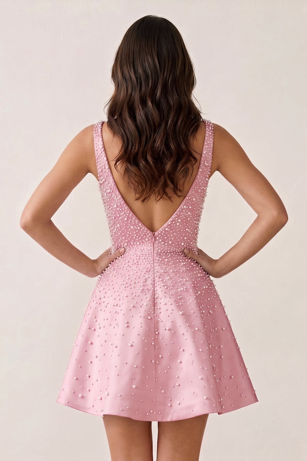 Pink V-Neck A-Line Satin Homecoming Dress With Pearl | KISSPROM