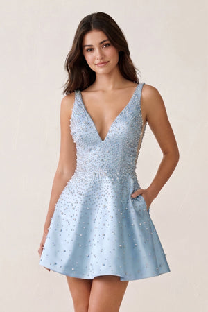 Sky Blue V-Neck A-Line Satin Homecoming Dress With Pearl | KISSPROM