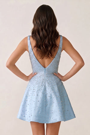 Sky Blue V-Neck A-Line Satin Homecoming Dress With Pearl | KISSPROM