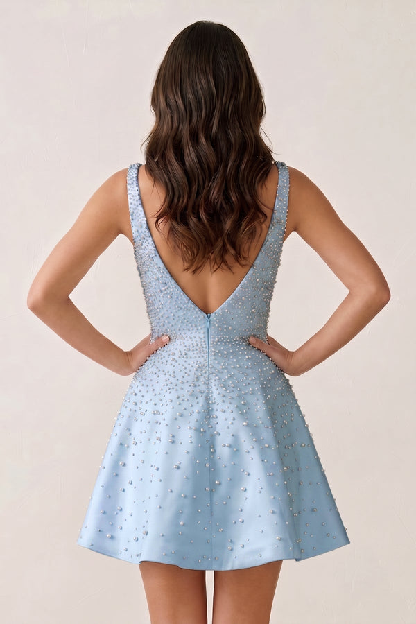 Sky Blue V-Neck A-Line Satin Homecoming Dress With Pearl | KISSPROM
