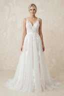 A-Line V Back Long White Wedding Dress with Lace Appliqued – Wedding Dresses by KissProm | Available at KissProm