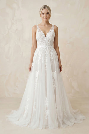 A-Line V Back Long White Wedding Dress with Lace Appliqued – Wedding Dresses by KissProm | Available at KissProm