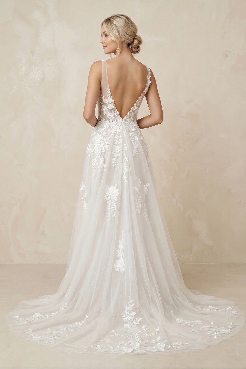 A-Line V Back Long White Wedding Dress with Lace Appliqued – Wedding Dresses by KissProm | Available at KissProm