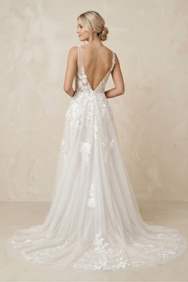 A-Line V Back Long White Wedding Dress with Lace Appliqued – Wedding Dresses by KissProm | Available at KissProm