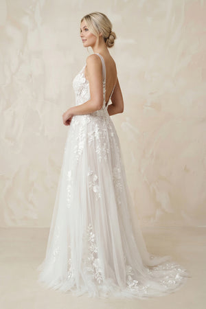A-Line V Back Long White Wedding Dress with Lace Appliqued – Wedding Dresses by KissProm | Available at KissProm