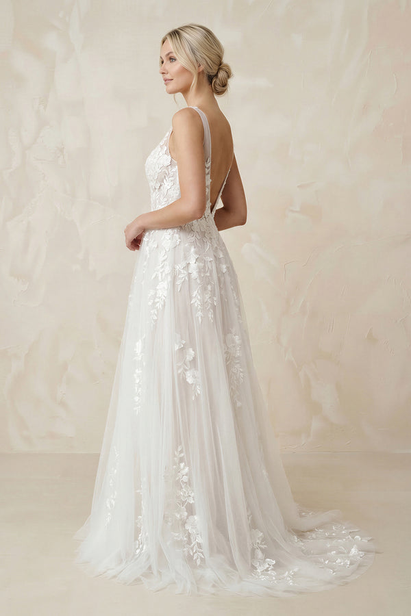 A-Line V Back Long White Wedding Dress with Lace Appliqued – Wedding Dresses by KissProm | Available at KissProm
