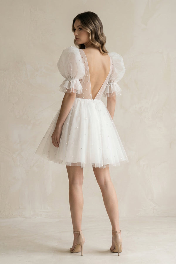 V - Neck A - Line Tulle Mini Wedding Dress With Pearl in Ivory - KissProm Wedding Dresses