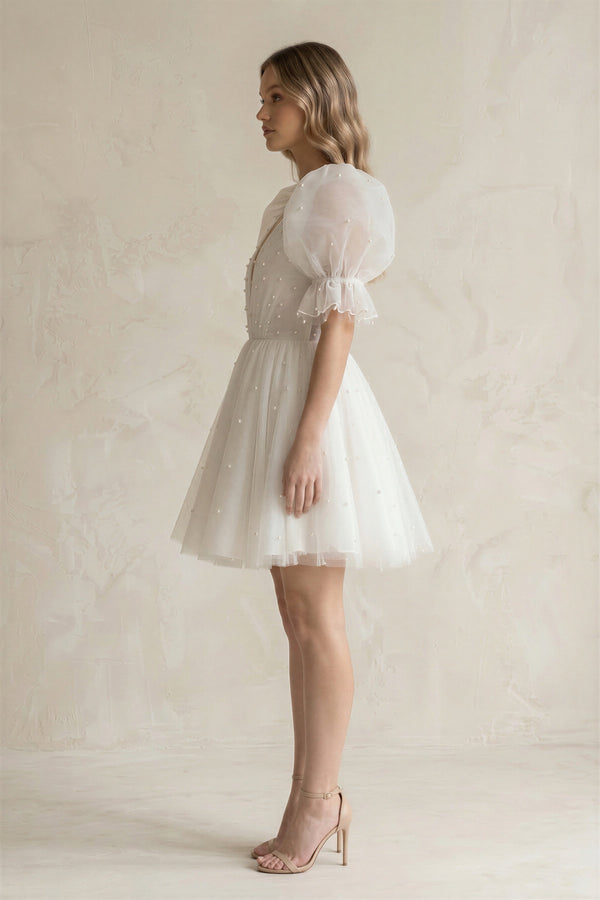 V - Neck A - Line Tulle Mini Wedding Dress With Pearl in Ivory - KissProm Wedding Dresses