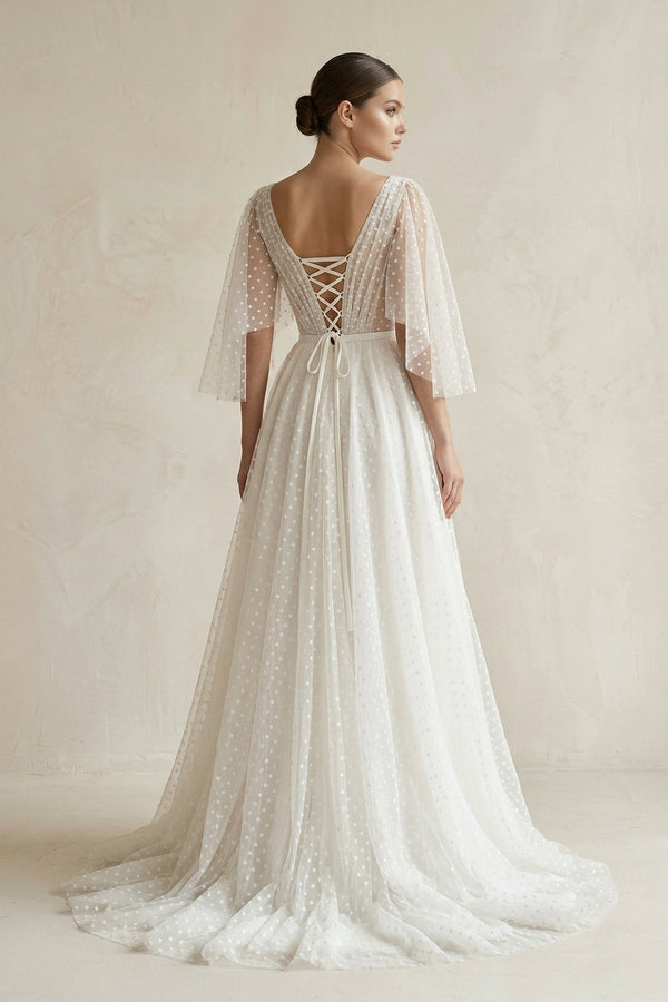 V Neck A - Line Tulle Ruched Wedding Dress With Polka Dot in White - KissProm Wedding Dresses