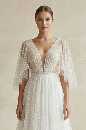 KissProm |V Neck A-Line Tulle Ruched Wedding Dress With Polka Dot in White White / 8 KissProm |V Neck A-Line Tulle Ruched Wedding Dress With Polka Dot in White White / 8