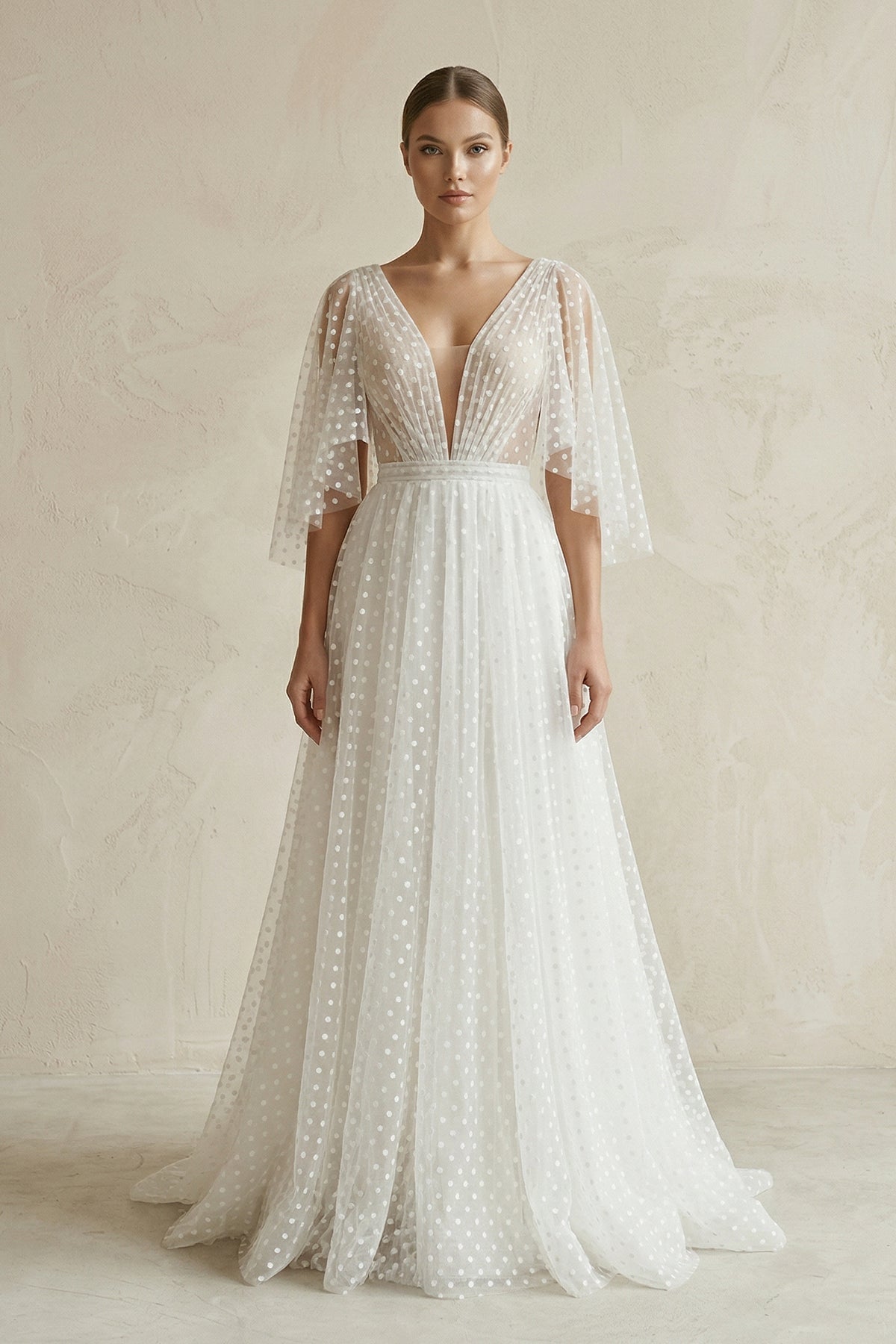 KissProm V Neck A-Line Tulle Ruched Wedding Dress With Polka Dot in White, White / Custom Size( Free )