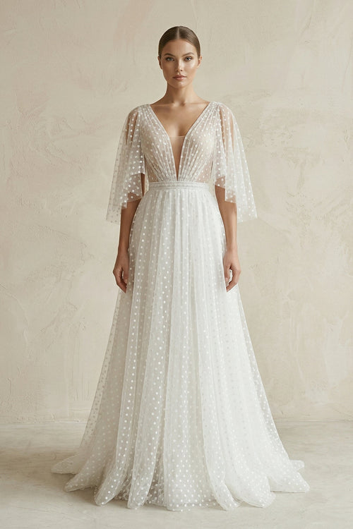 V Neck A - Line Tulle Ruched Wedding Dress With Polka Dot in White - KissProm Wedding Dresses
